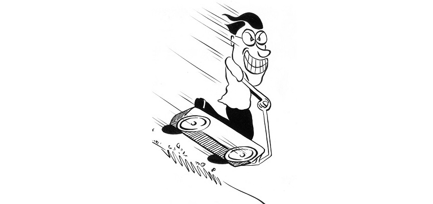 Glenn Stein, as a cartoon, on a wagon