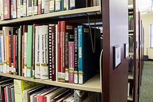 books on a shelf at the Rosen Library