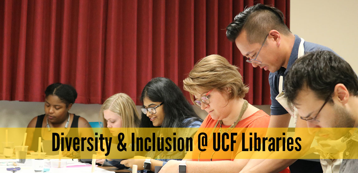 Photo of Christopher Saclolo, SCUA, and student participants at a Zine workshop. Lower transparent yellow banner with black text "Diversity & Inclusion @ UCF Libraries"