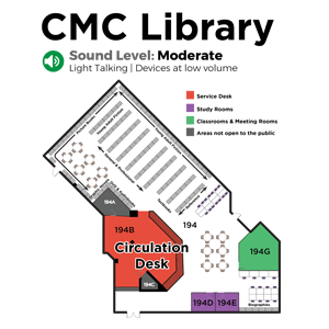 color coded map of the Curriculum Materials Center. Describes where study rooms and classrooms are located