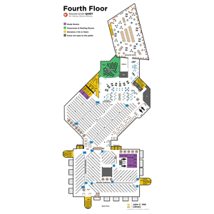 color coded map of the 4th floor of the John C. Hitt Library. Describes where staircases, elevators, study rooms, and classrooms are located