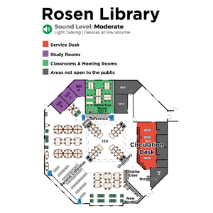 color coded map of the Rosen Library. Describes where study rooms and classrooms are located