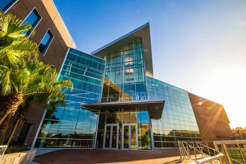 New library front entrance at dusk