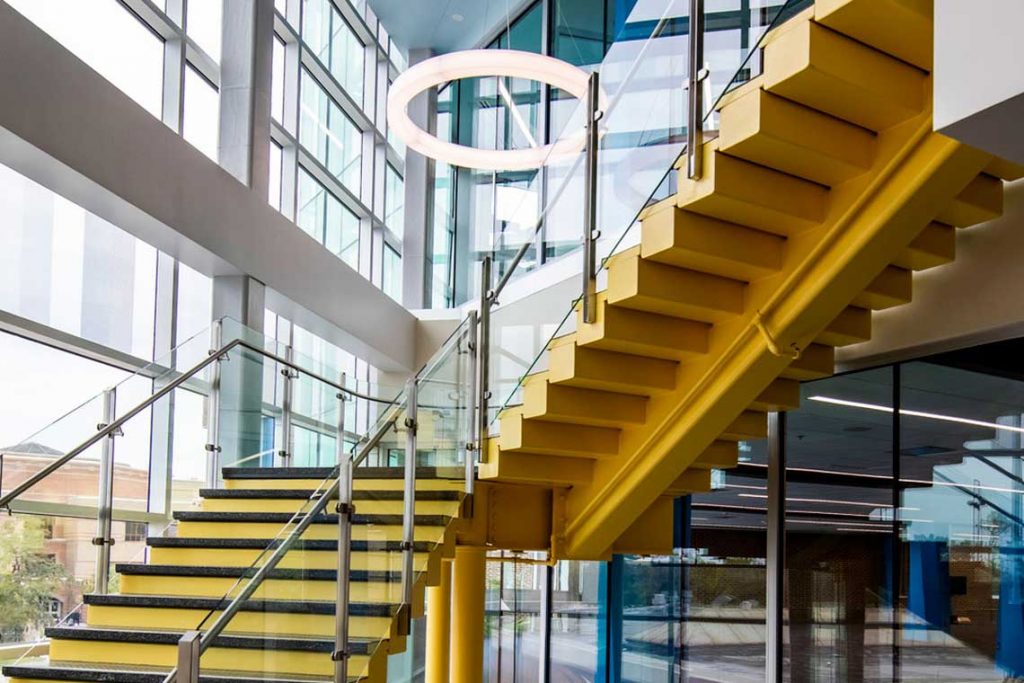 new library entrance glass staircase