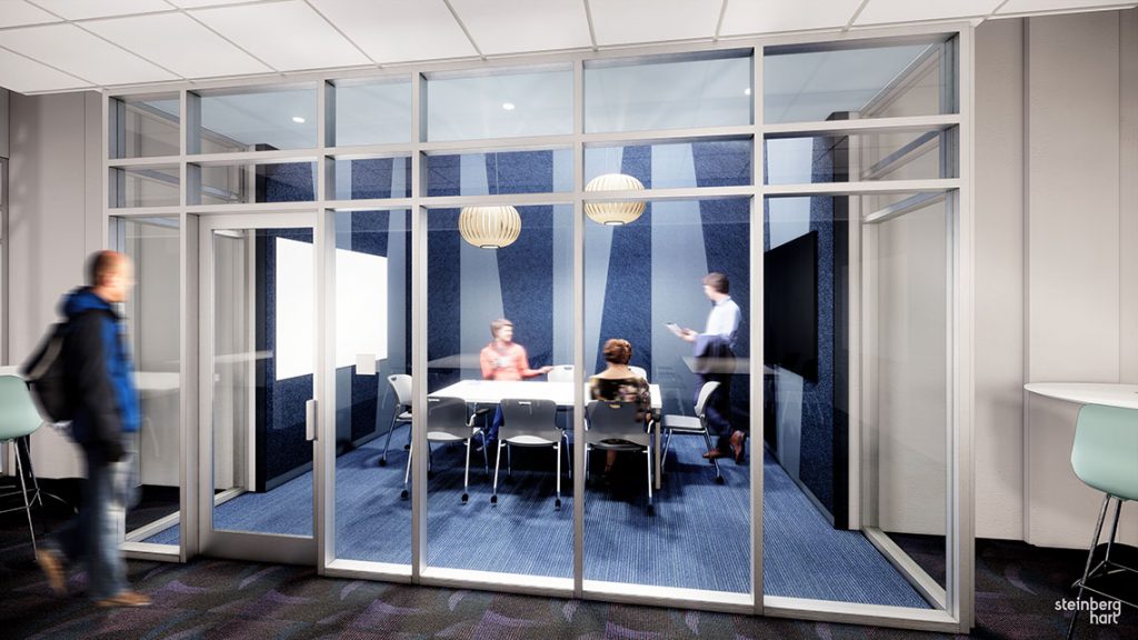 rendering of study room with glass walls