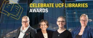 Image of four librarians who won awards in front of the John C Hitt Library