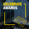 Text reads Celebrate Awards in bright yellow against background of John C Hitt Library.