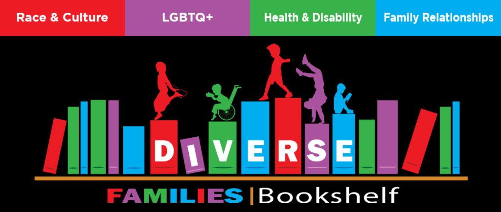 Diverse Families Bookshelf logo on black background. Upper banner white text on (color): Race & Culture (red), LGBTQ+ (purple), Health & Disability (green), Family Relationships (blue).