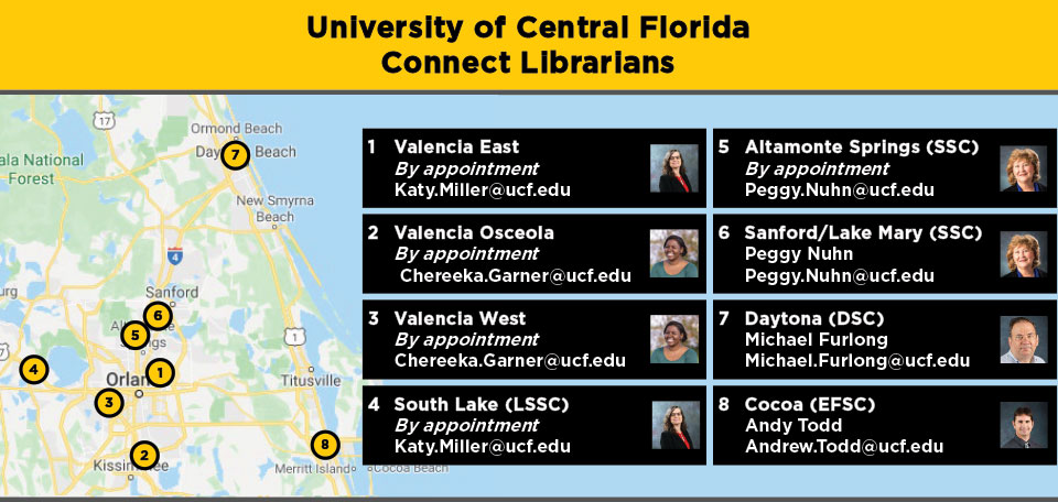 Map of each UCF Connect Librarian and the campus they are associated with.
