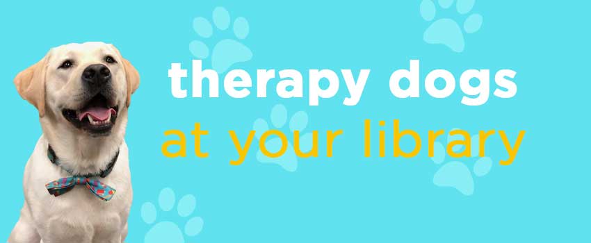 Photo of yellow lab against bright teal background with text Therapy dogs at your library