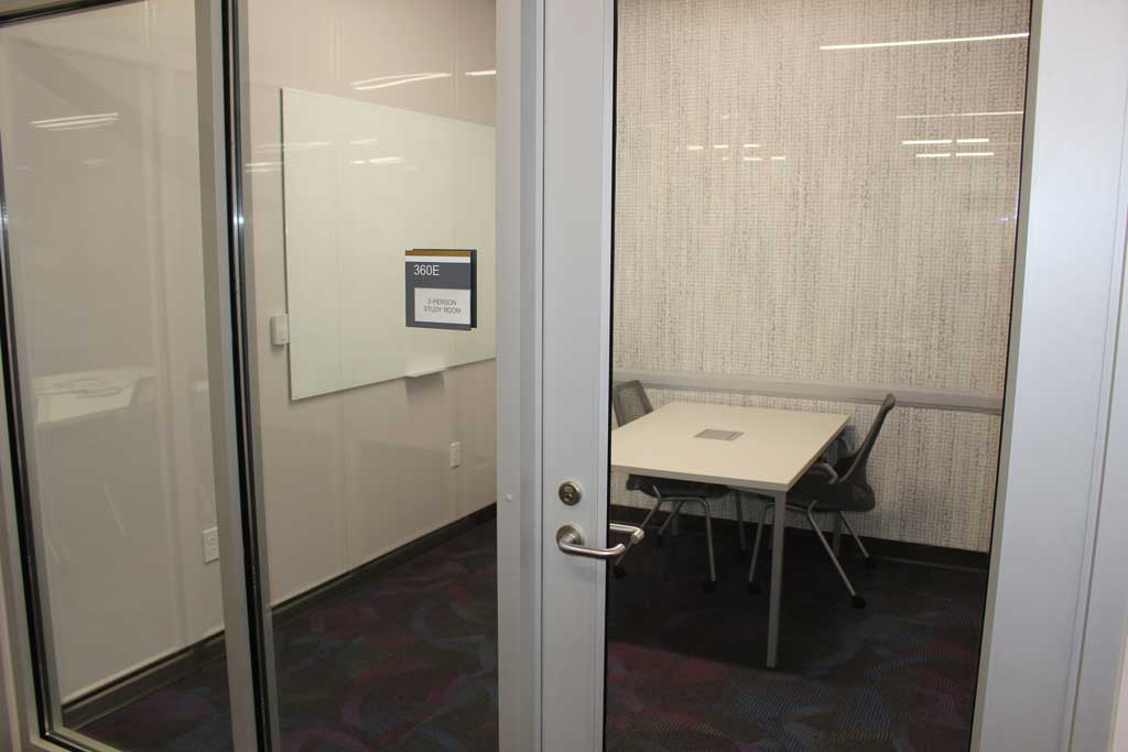 Study Room 360E with whiteboard and 2 seat capacity