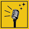 Yellow background with black microphone in middle with black stars in the upper right corner
