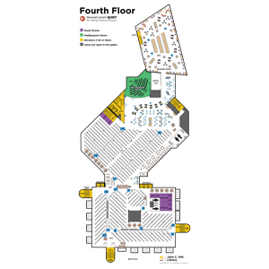 color coded map of the 4th floor of the John C. Hitt Library. Describes where staircases, elevators, study rooms, and classrooms are located