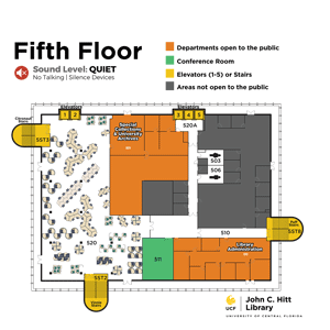color coded map of the 5th floor of the John C. Hitt Library. Describes where staircases, elevators, study rooms, and classrooms are located