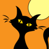 black cat on orange background with an yellow moon