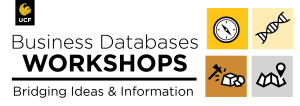 Graphic with UCF Logo and reads Business Database Workshops Bridging Users and Information