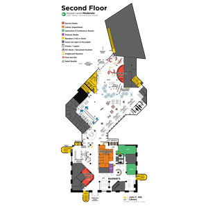 color coded map of the 2nd floor of the John C. Hitt Library. Describes where staircases, elevators, study rooms, and classrooms are located