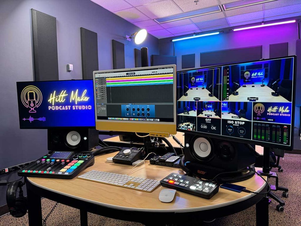 Hitt Maker engineering station showing audio board, camera controls and Mac recording station