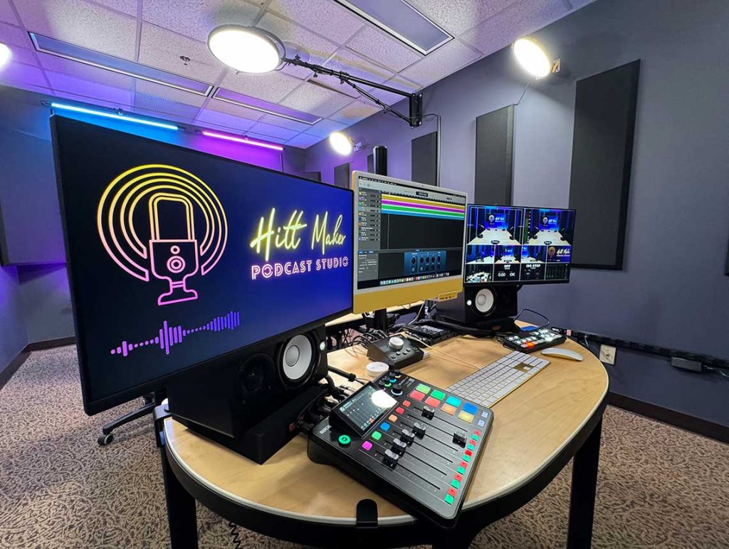 Hitt Maker engineering station showing audio board, camera controls and Mac recording station