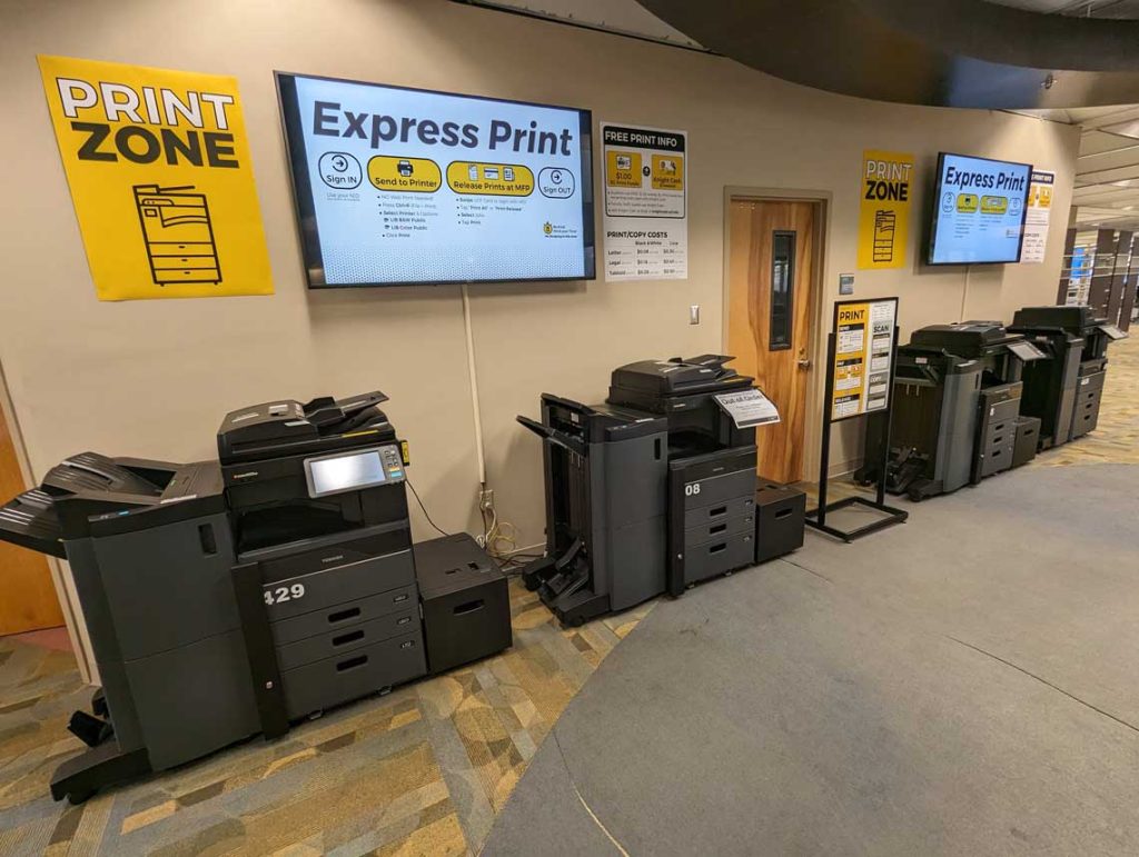 4 Toshiba Printers/Copiers in the new Print Zone in the center of the 2nd Floor of the Jonn C. Hitt Library