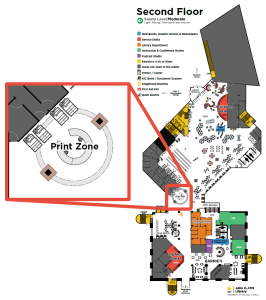 Map of John C. Hitt Library with the Print Zone enlarged showing its location in the center of the map.