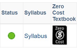Course section search results showing the course status is green for open, syllabus is linked, and Zero Textbook Cost indicator symbol.