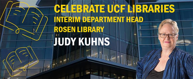 Image of Judy Kuhns in front of UCF Libraries building