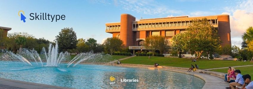 Image of the John C. Hitt Library with the fountain and students studying in the foreground. A SkillType logo is at the top left.