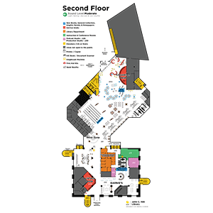 color coded map of the 2nd floor of the John C. Hitt Library. Describes where staircases, elevators, study rooms, and classrooms are located