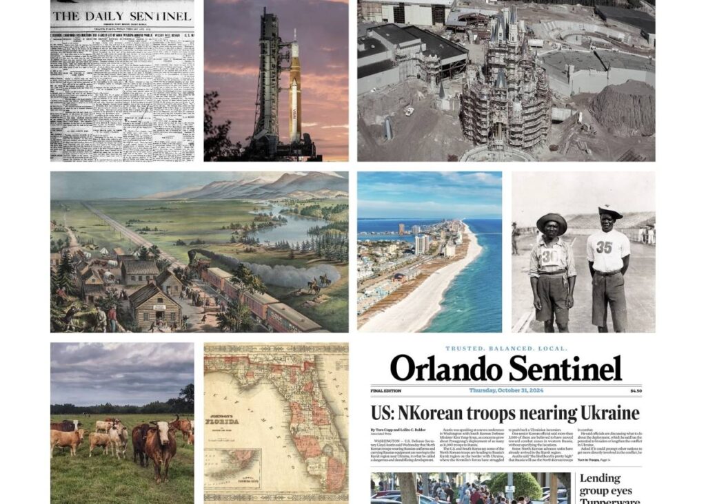 A series of newspaper articles including images of newspaper covers, rockets, and Florida themed imagery.