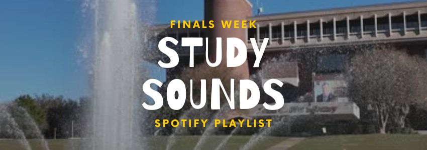 Header image with exterior of the John C. Hitt Library and Reflecting Pond and it says Study Sounds below that it says Spotify Playlist