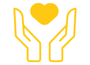 line drawing of two hands holding a heart. represents values.