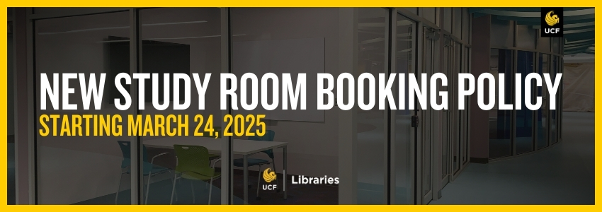 Image of an empty study room inside the library with text on top that reads "New Study Room Booking Policy, Starting March 24, 2025"