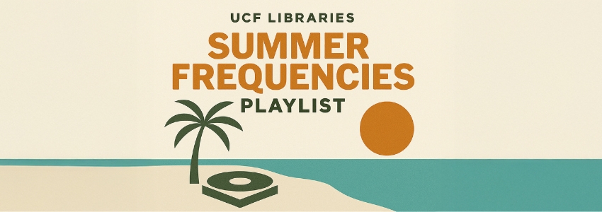 Summer Frequencies Playlist thumbnail with illustration of palm trees and a record player on the beach.