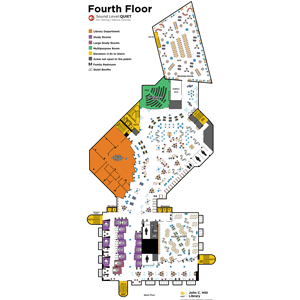 color coded map of the 4th floor of the John C. Hitt Library. Describes where staircases, elevators, study rooms, and classrooms are located.