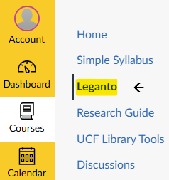 Webcourses screen shot. Leganto can be found by clicking Courses and then Leganto on the next menu