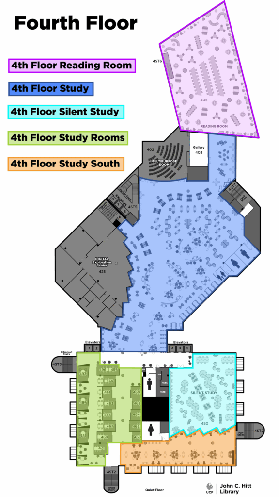 Occupancy zone map depicting 4th Floor Study, 4th Reading Room, 4th Floor Silent Study, 4th Floor Study Rooms, and 4th Floor Study South.