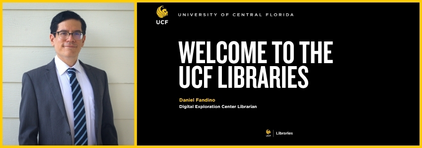 Welcome to the Libraries graphic with man in suit and tie, black hair and glasses.