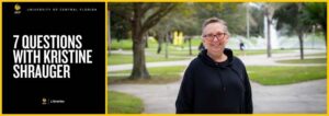 Woman with short hair and glasses stands on a beautiful college campus with green grass and a fountain behind her.