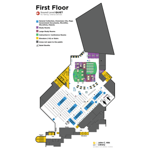 color coded map of the 1st floor of the John C. Hitt Library. Describes where staircases, elevators, study rooms, and classrooms are located