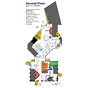 color coded map of the 2nd floor of the John C. Hitt Library. Describes where staircases, elevators, study rooms, and classrooms are located