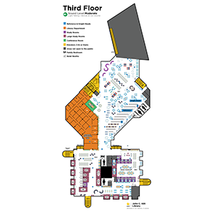 color coded map of the 3rd floor of the John C. Hitt Library. Describes where staircases, elevators, study rooms, and classrooms are located