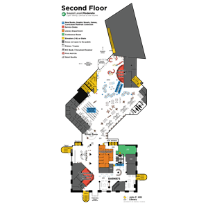 color coded map of the 2nd floor of the John C. Hitt Library. Describes where staircases, elevators, study rooms, and classrooms are located