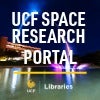 A night image of a rocket soaring over John C. Hitt Library with a ext overlay of "UCF Space Research Portal"